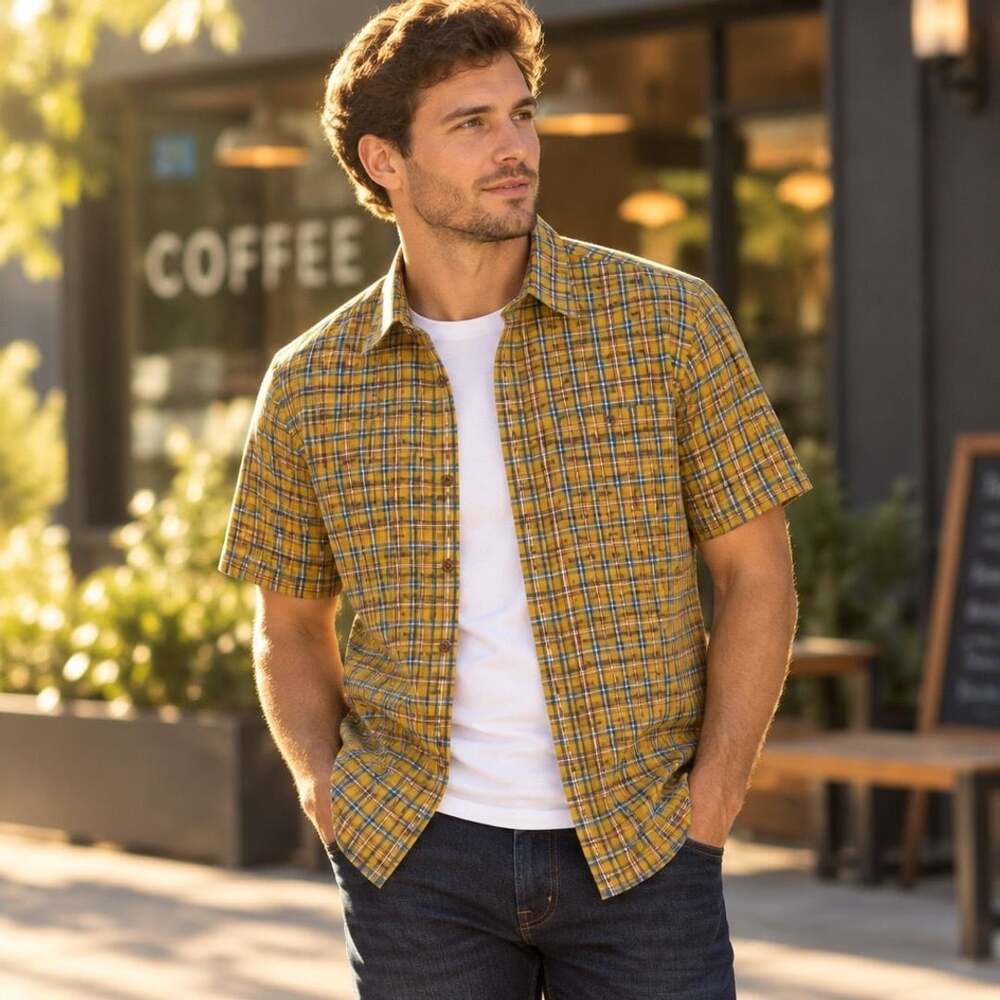 Rowm Short Sleeve Textured Cross Tile Print Shirt XL Yellow Plaid